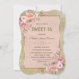 Chic guld glitter rosa blommig Sweet Sixteen-fest Inbjudningar