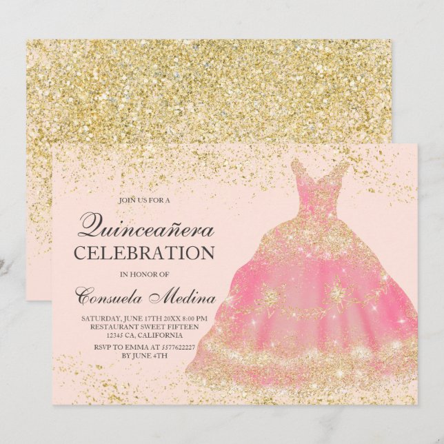 Chic guld glitter  rosa klänning Quinceañera Inbjudningar (Fram/baksida)
