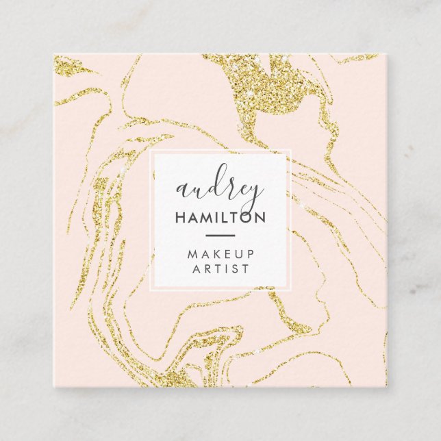 Chic guld glitter rosa, vit marmor, elegant fyrkantigt visitkort (Framsida)