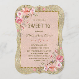 Chic guld glitter rouge blommande Sweet Sixteen-fe Inbjudningar