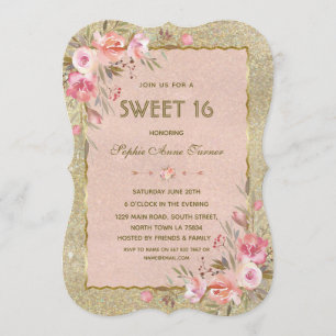 Chic guld glitter rouge blommande Sweet Sixteen-fe Inbjudningar