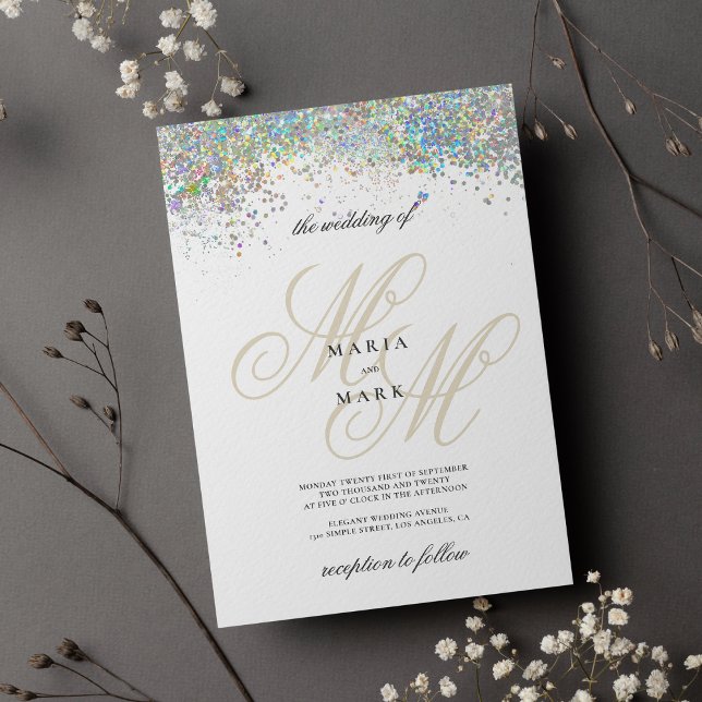 Chic Guld glitter silver, första bröllop Inbjudningar (White gold monogram initials geometrical wedding)
