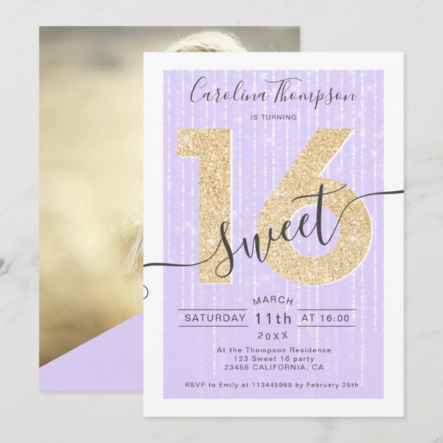 Chic guld glitter skript lavender Sweet 16 foto Inbjudningar (Fram/baksida)