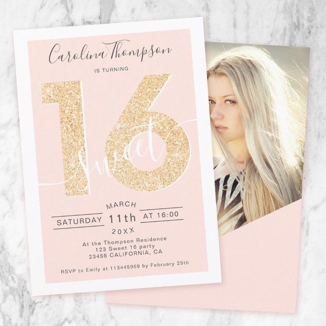 Chic guld glitter-skript  Sweet 16-foto Inbjudningar (Skapare uppladdad)