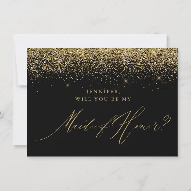 Chic Guld Glitter, svart Maid of honor Inbjudningar (Framsida)