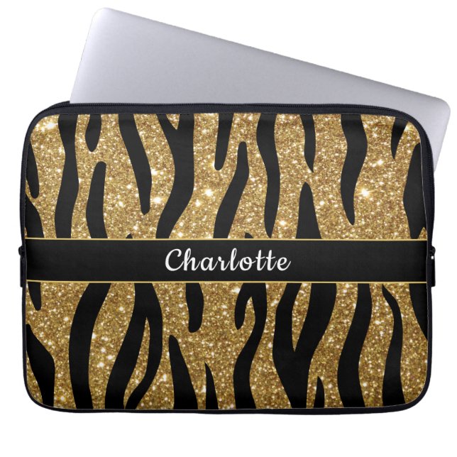 Chic Guld Glitter Tiger Rand Laptop Fodral (Framsidan)