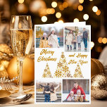 Chic Guld God jul Gott nytt år Collage Helgkort<br><div class="desc">Ett chic guld-manuskort med din familjefollor runt ett vackert träd som är gjort av gyllene snöflingor med God jul och Gott nytt år på framsidan i kursiv stil. Anpassa med dina 4 favoritbarn foton på framsidan och ett fotografi av lodrät på insidan lämnat om det här trendigets snöflingkort. Anpassa meddelandet...</div>