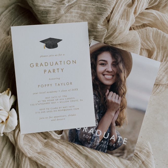 Chic Guld Grad Cap Photo Studentfest Inbjudningar (Skapare uppladdad)