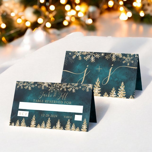 Chic guld gräs grönt jul vintern bord snö placeringskort (Chic gold snow pine green Christmas winter table Place Card)