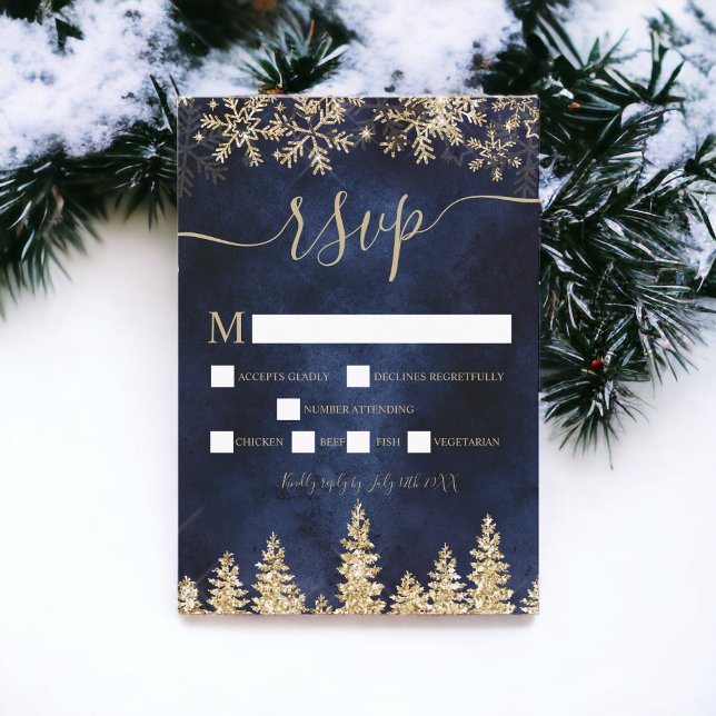 Chic guld gräs-marinens vintervecka i snö, osa kort (Chic gold snow pine navy Christmas winter rsvp)