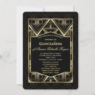 Chic Guld Great Gatsby Art Deco Stil Quinceañera Inbjudningar