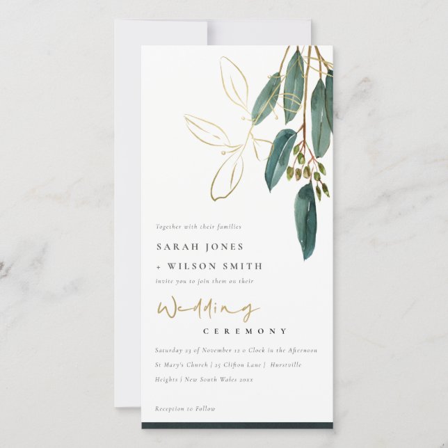 CHIC GULD GRÖNT EUCALYPTUS FOLIAGE WEDDING INVITE TACK KORT (Framsida)