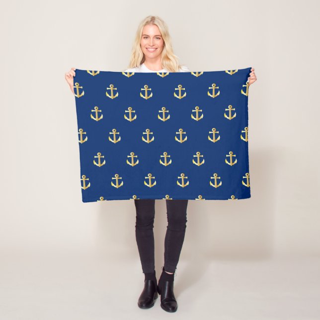 Chic Guld Gult Anchor Mönster på Mörk Navy Blue Fleecefilt (På plats)