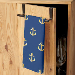 Chic Guld Gult Anchor Mönster på Mörk Navy Blue Kökshandduk