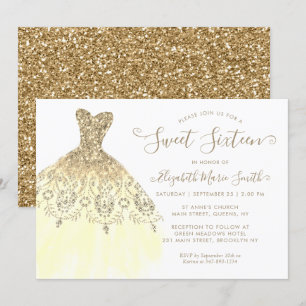 Chic Guld Gult Glitter Dress Sweet 16:e födelsedag Inbjudningar
