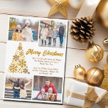 Chic Guld Julgran Family Photo Collage Julkort<br><div class="desc">Ett chic guld-manuskort med ditt familjefollor runt ett vackert träd som är gjort av guldsnöflingor med God jul och ert personliga budskap. Anpassa med dina fem favoritfoton och ett foto med lodrät fullt på baksidan av det här trendigets snöflingkort för helgdag.</div>