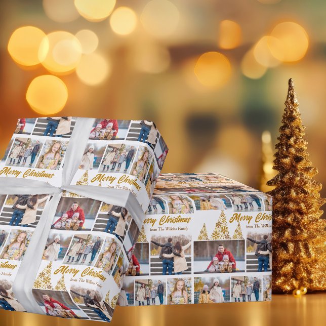 Chic Guld Julgran Family Photo Collage Presentpapper (Skapare uppladdad)