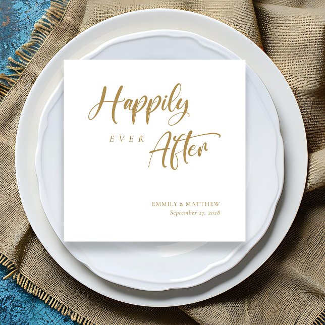 Chic Guld Kalligrafi "Lyckligtvis alltid efter" Br Pappersservett (Chic Gold Calligraphy 'Happily Ever After' Wedding Napkins)