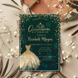 Chic guld klänning tiara, diamanter grön Quinceañe Inbjudningar