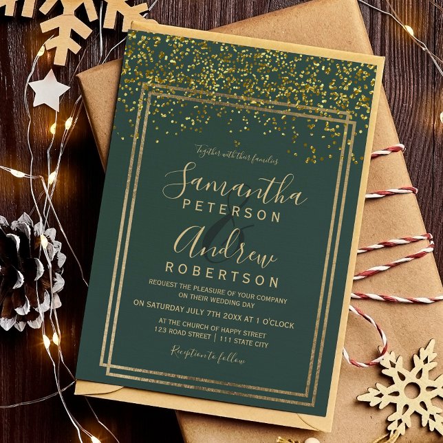 Chic guld konetti grönt gräns bröllop inbjudningar (Chic gold confetti green border wedding invitation)