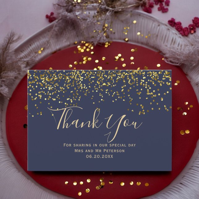 Chic guld konetti marinblå typografi tack kort (Chic gold confetti navy blue typography thank you card)