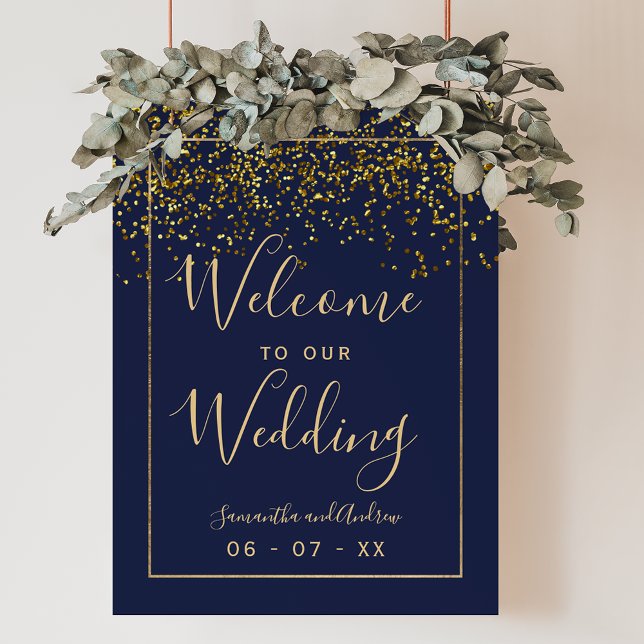 Chic guld konetti marinblått bröllop välkomna poster (Chic gold confetti navy blue wedding welcome poster)