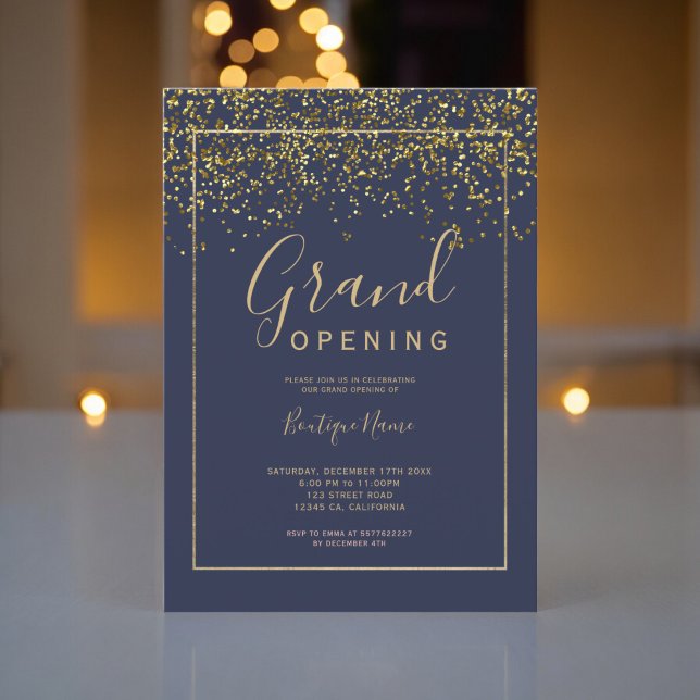 Chic guld konetti marintypografi - stor öppning inbjudningar (Chic gold confetti navy typography grand opening invitation)