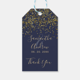 Chic guld konetti navy blue script bröllopsförmån presentetikett
