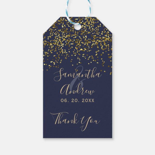 Chic guld konetti navy blue script bröllopsförmån presentetikett (Framsidan)