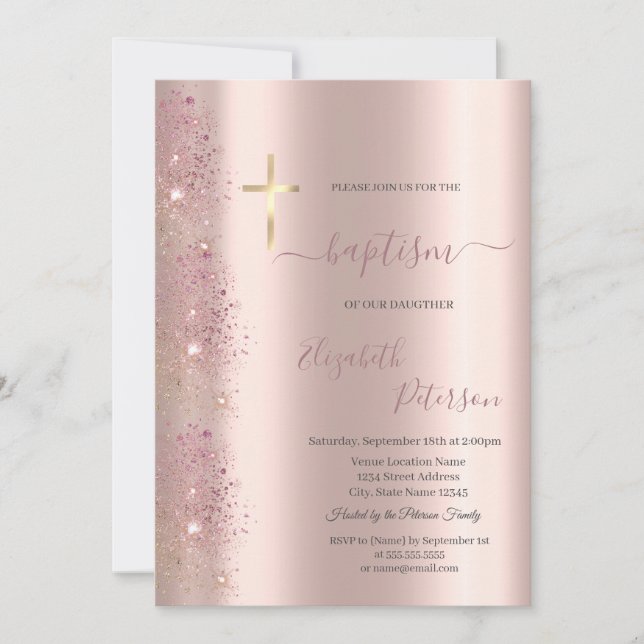 Chic guld kors dop rose gold glitterdamm inbjudningar (Framsida)