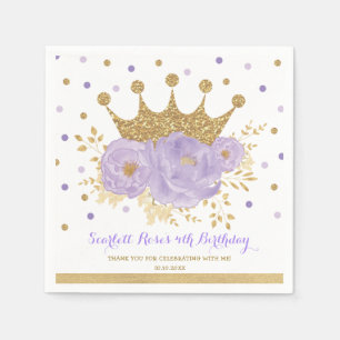 Chic Guld Krona Lila Blommigt Princess Birthday Pappersservett