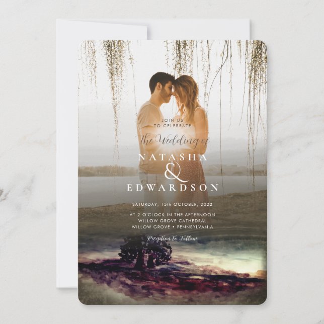 Chic Guld liggande överlägg 2 foton Bröllop Inbjudningar (Framsida)