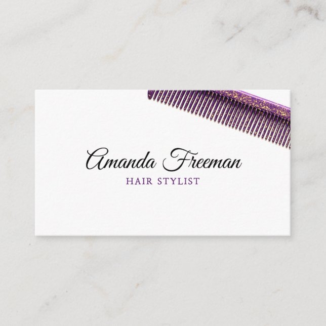 Chic Guld & Lila Comb Hair Stylist Visitkort (Framsida)