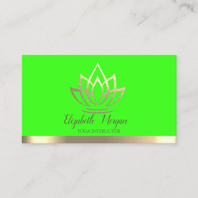 Chic Guld Lotus Flower Yoga Instructor Grönt Neon Visitkort (Framsida)
