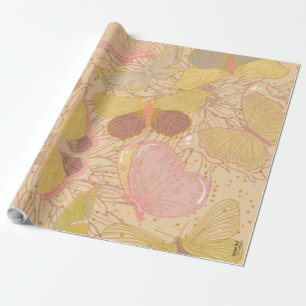 Chic Guld Löv och fjärils Rosa Bakgrund Presentpapper