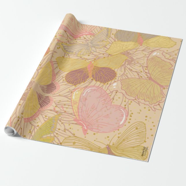 Chic Guld Löv och fjärils Rosa Bakgrund Presentpapper (Utrullad)
