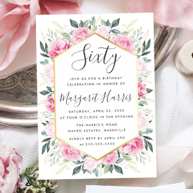 Chic Guld Löv Rosa Blommigt 60:e födelsedagen Inbjudningar (Skapare uppladdad)