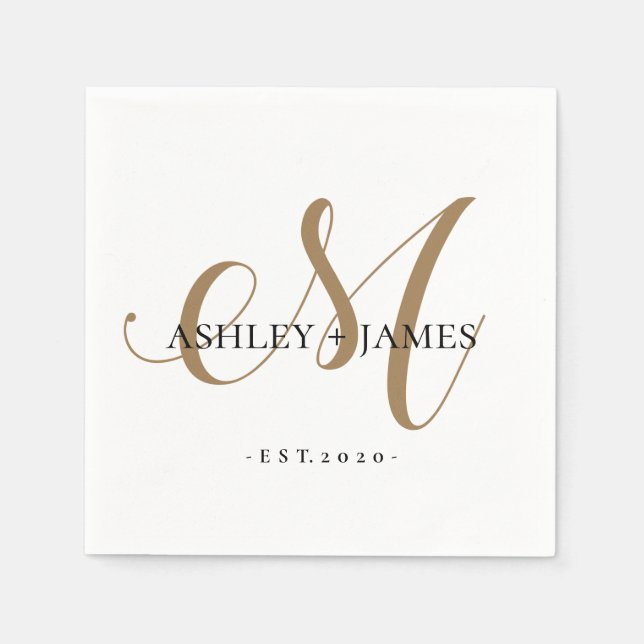 Chic Guld M Monogram Script Namn Bröllop Pappersservett (Framsidan)