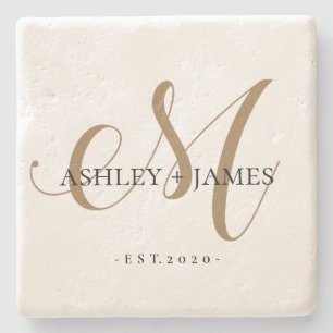 Chic Guld M Monogram Script Namn Bröllop Stenunderlägg