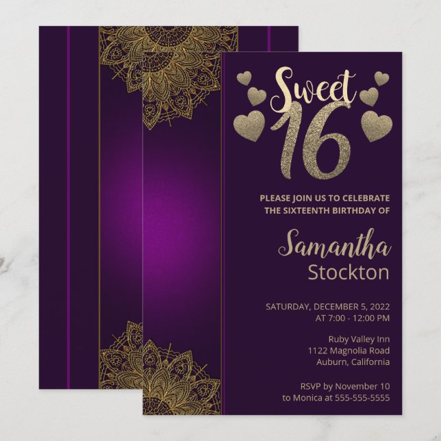 Chic Guld Mandala Sweet 16-inbjudan Inbjudningar (Fram/baksida)