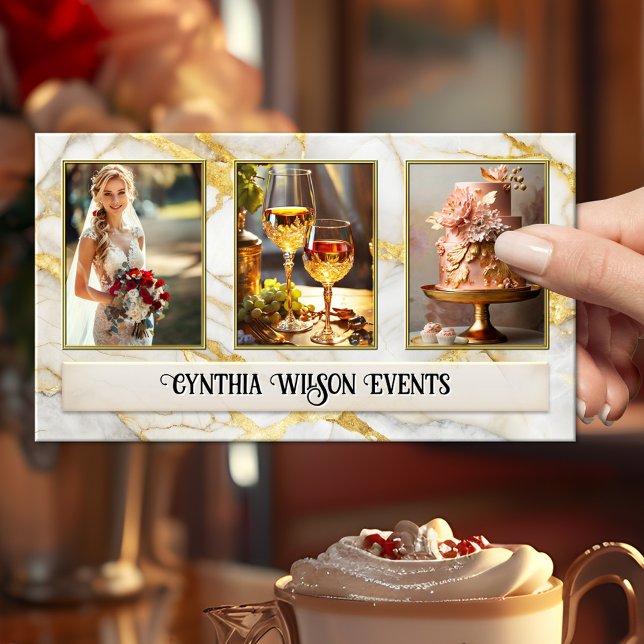 Chic Guld Marble Bröllopsfixaren Photo Visitkort (Business card featuring your photos on chic gold veined marble - event planner - with social media)