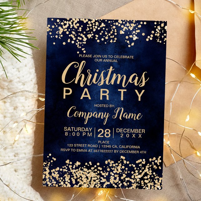 Chic guld marin i glitter under jul, party inbjudningar (Chic gold glitter navy corporate Christmas party Invitation)