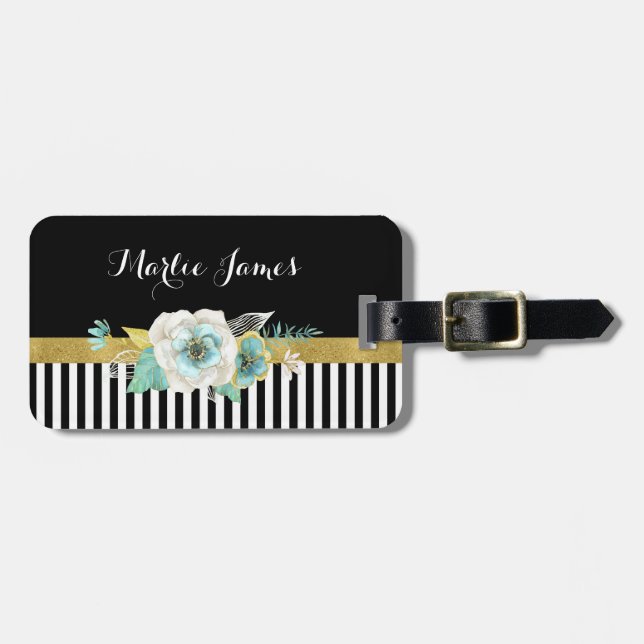 Chic guld- Mintblommor med svartrandar och namn Bagagebricka (Horisontell Framsida)