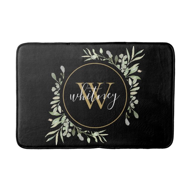 Chic Guld Monogram, Elegant, Greenery Black Badrumsmatta (Framsidan)