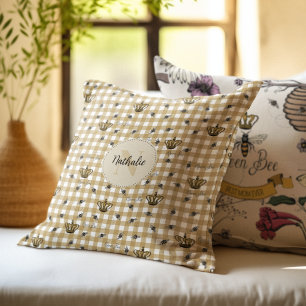 Chic Guld Monogram Gingham Royal Krona & Queen Bee Kudde