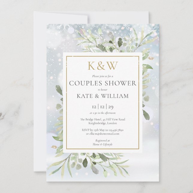 Chic Guld Monogram Greenery Winter Par Shower Inbjudningar (Framsida)