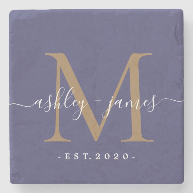 Chic Guld Monogram Skript Namn Bröllopsdatum Blå Stenunderlägg (Framsidan)