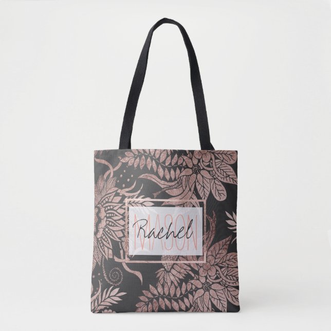 Chic Guld och Black Blommigt Teckning Monogram Tygkasse (Framsida)