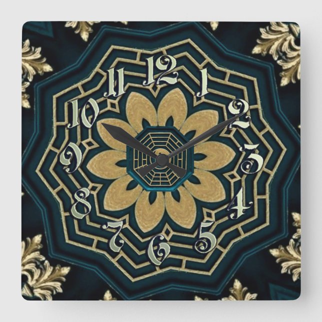 Chic Guld och Grönt, Asien Stil Fyrkantig Klocka (Framsida)