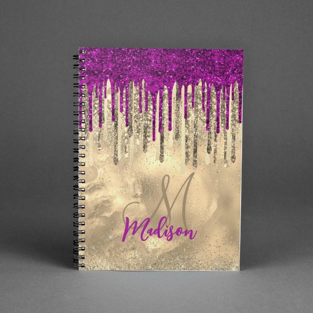 Chic guld och shock rosa droppar, monogram anteckningsbok (Skapare uppladdad)
